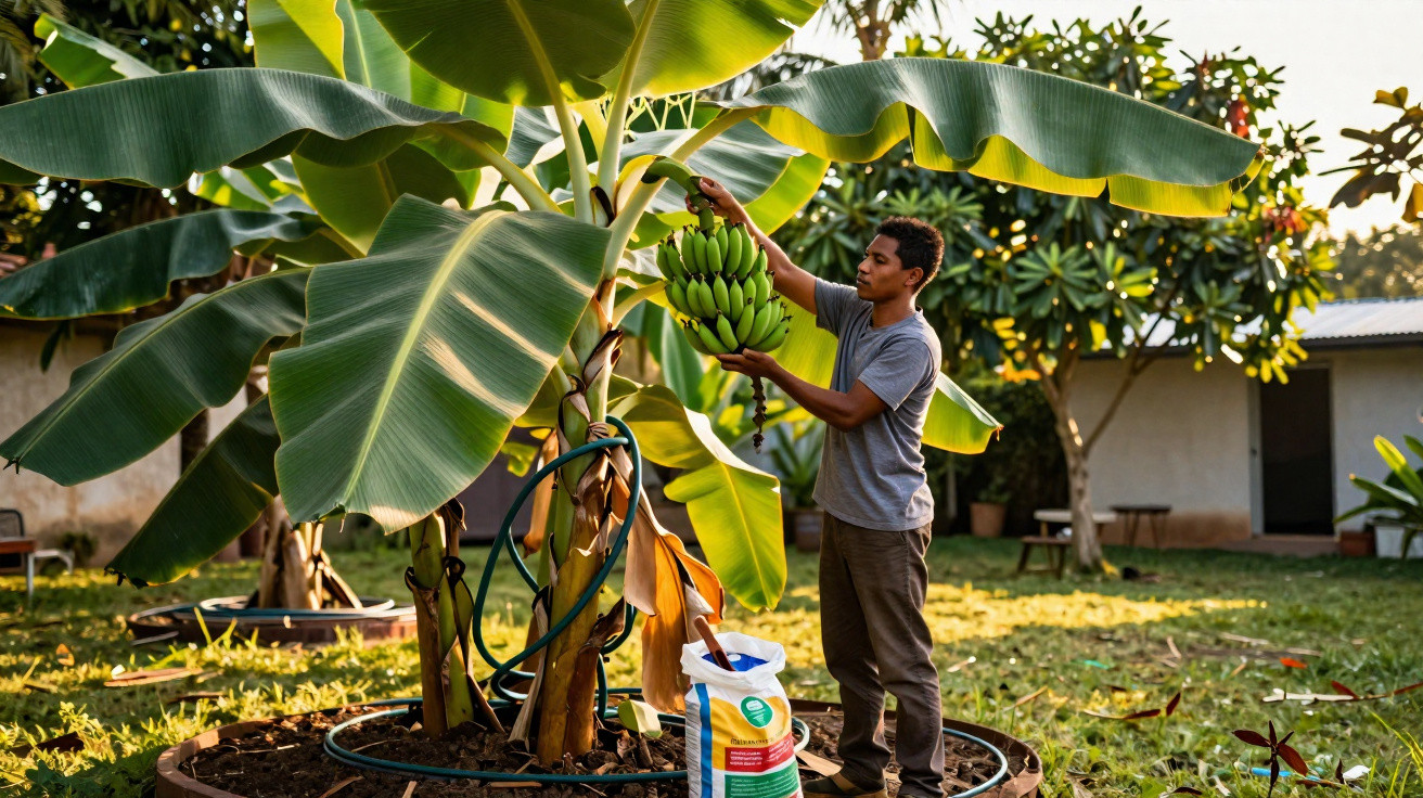 Homem a colher cacho de bananas em árvore num jardim residencial ao pôr do sol.