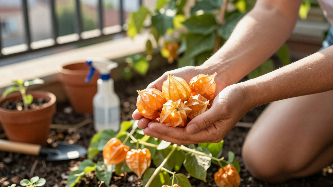 Mãos seguram frutos alaranjados de fisális em canteiro de jardim com vasos e regador ao fundo.