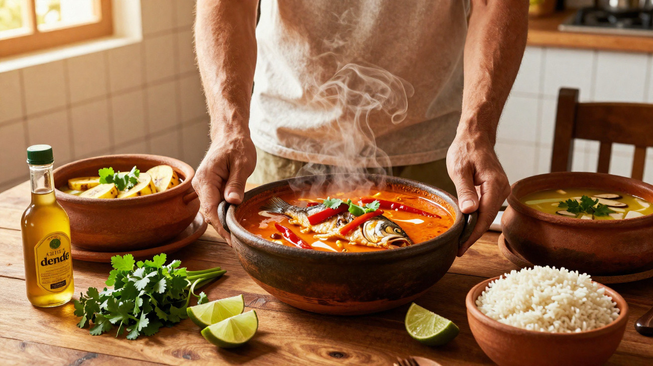 Pessoa a segurar tigela fumegante com moqueca de peixe, acompanhada de arroz, limão e molho em tinas de barro.