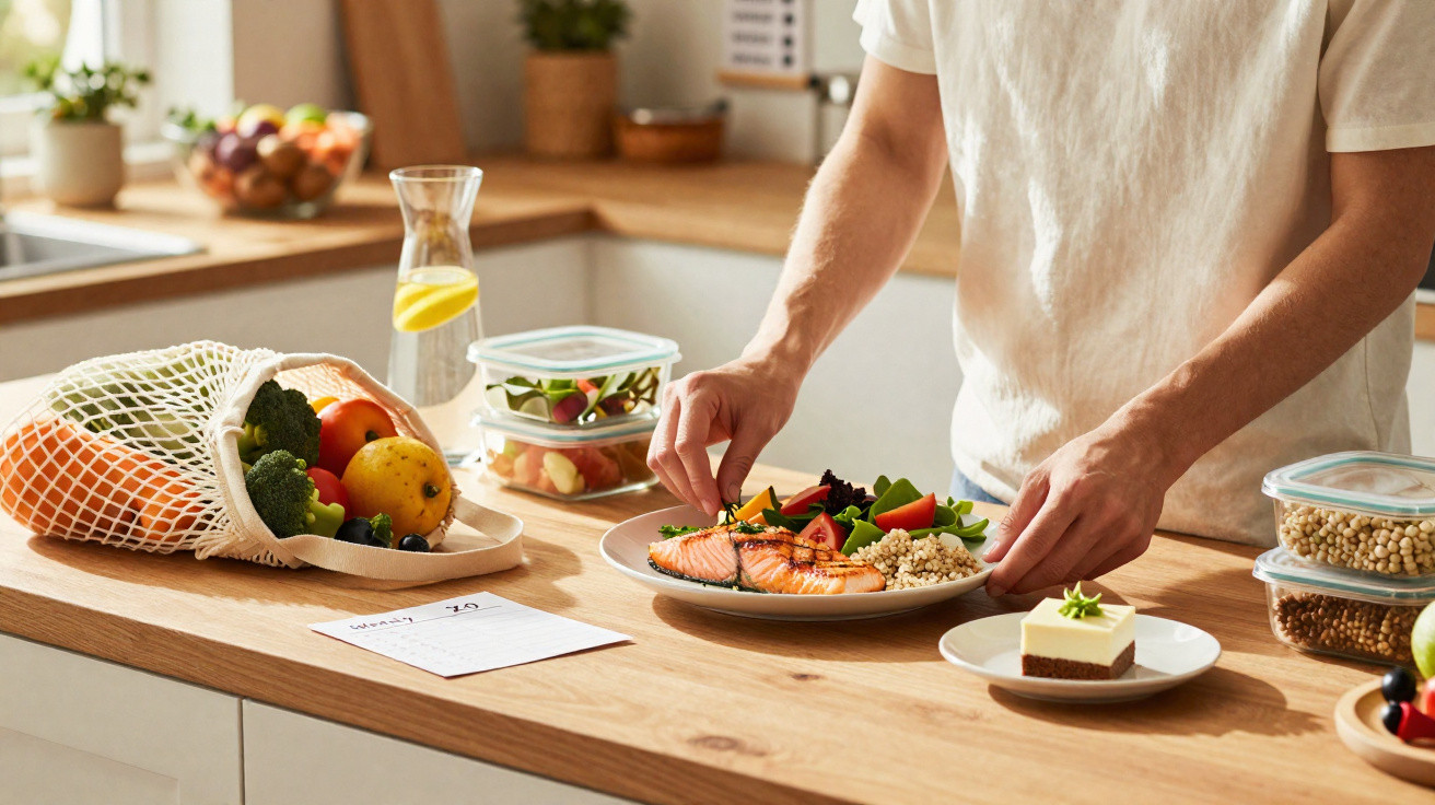 Pessoa a preparar prato com salmão grelhado, quinoa e salada numa cozinha com frutas e legumes ao lado.