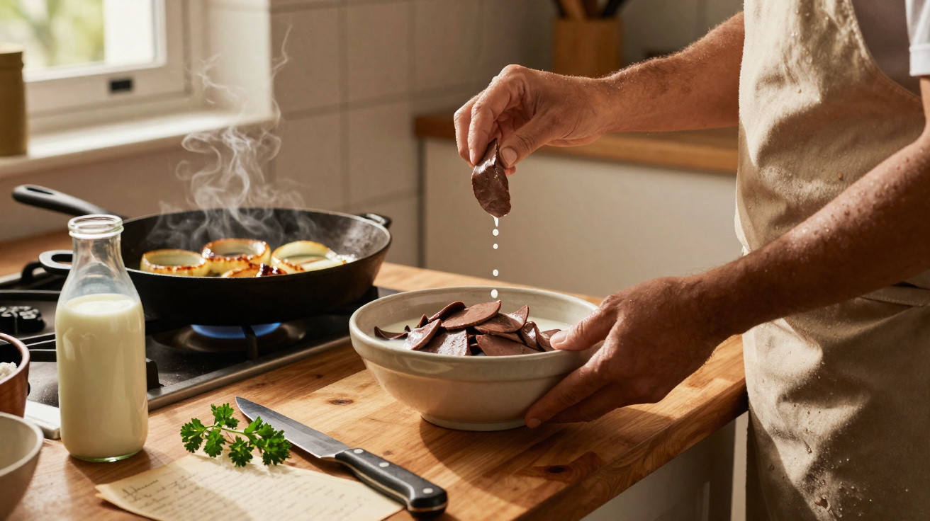 Pessoa a temperar chouriço numa tigela numa cozinha iluminada, com panela e leite na bancada
