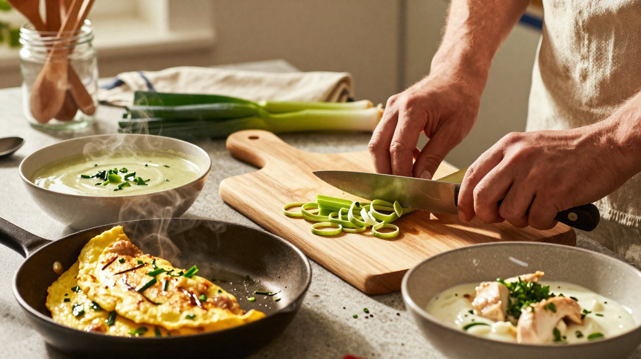 Mãos a cortar cebolo num tabuleiro, sopa em taças e omelete numa frigideira numa bancada de cozinha.