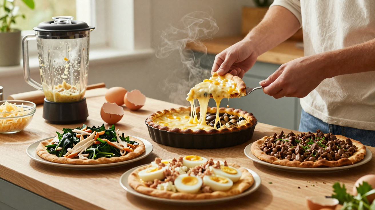 Mãos servem uma fatia de quiche com queijo derretido, rodeada de pizzas variadas numa mesa de madeira.