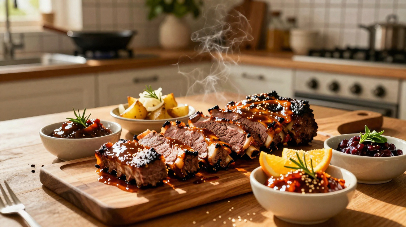 Costelas fumegantes cortadas, servidas com molhos e batatas num ambiente de cozinha acolhedora.