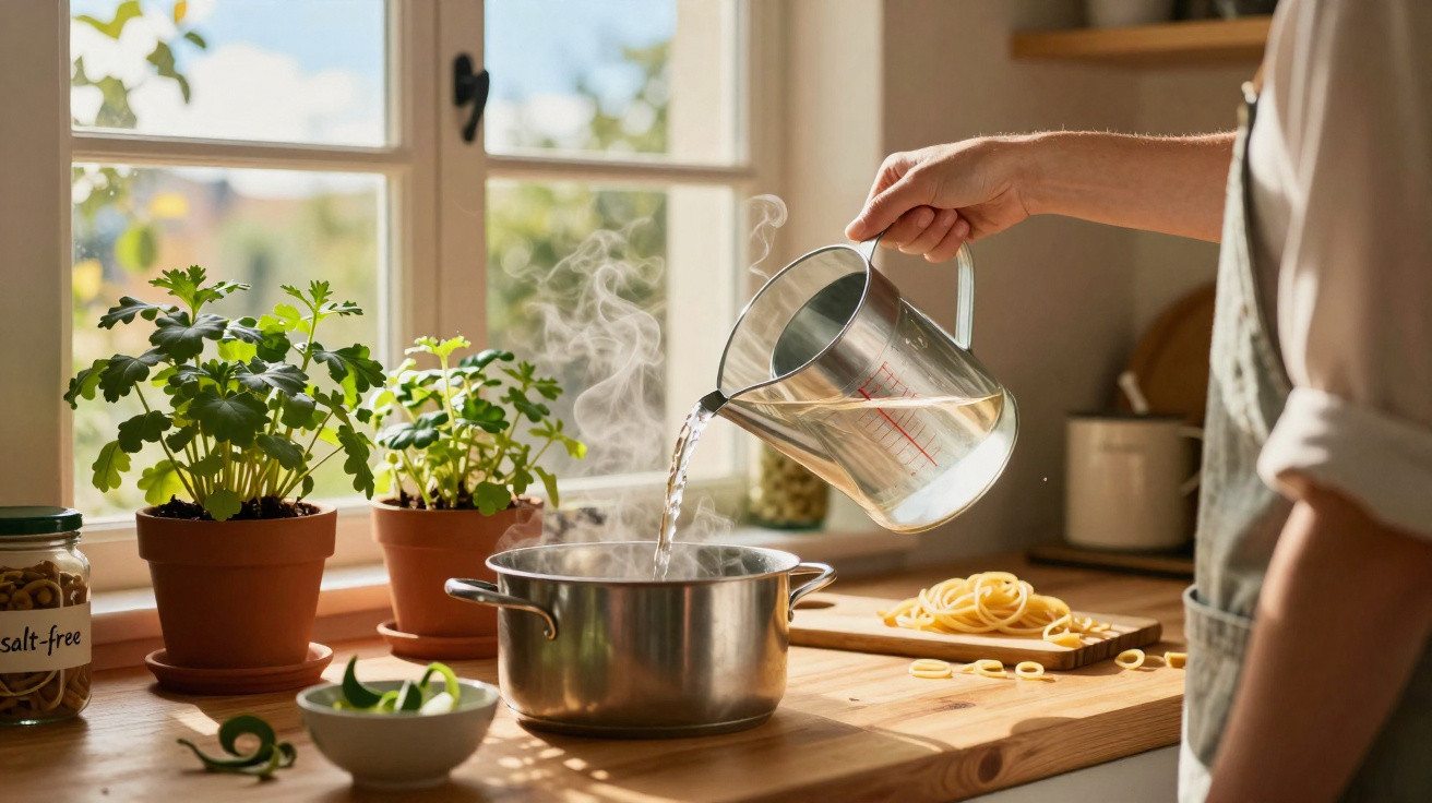 Pessoa a verter água quente para uma panela numa cozinha com plantas na janela ao fundo.