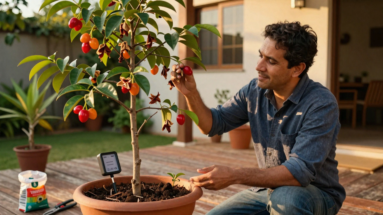 Homem a cuidar de árvore com frutos vermelhos numa varanda com plantas em vasos.