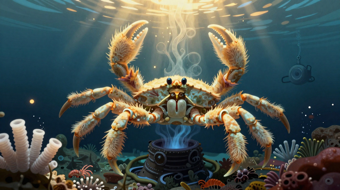 Caranguejo subaquático gigante a cozinhar numa panela fumegante no fundo do mar iluminado.