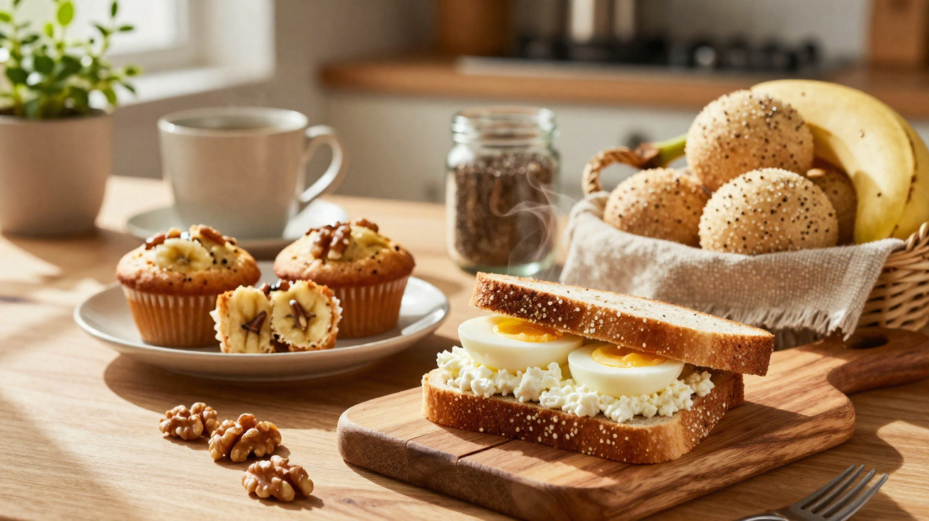Pequeno-almoço com sanduíche de ovo e queijo, muffins de banana, nozes, café e pão no cesto numa mesa de cozinha.