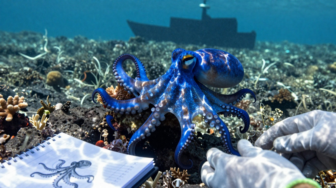 Polvo azul no fundo do mar perto de um caderno com desenho e mãos com luvas ajustando o cenário.