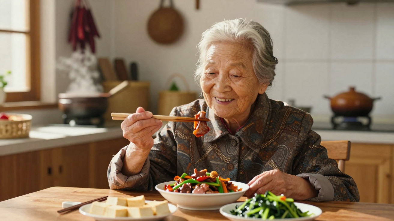 Idosa asiática sorridente a comer legumes com pauzinhos numa mesa de madeira na cozinha.