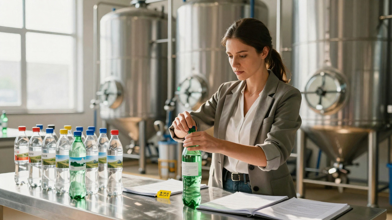 Mulher a abrir garrafa numa fábrica de bebidas com várias garrafas alinhadas numa mesa metálica.