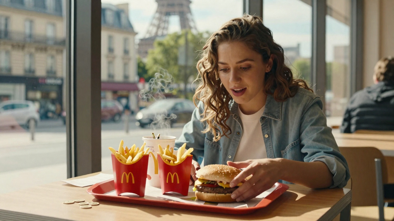 Mulher sentada num McDonald’s junto a uma janela, pronta para comer hambúrguer com batatas fritas e bebida.