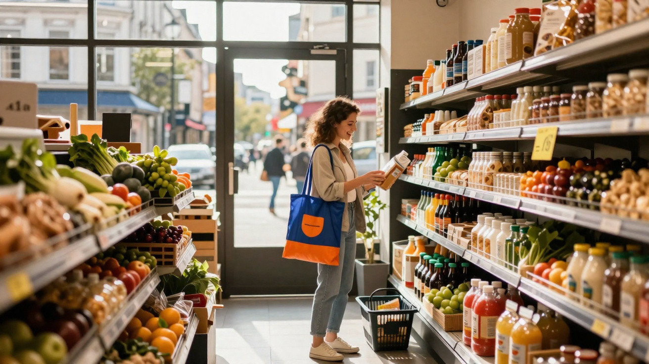 Mulher a fazer compras num supermercado, a ler informação de produto numa prateleira cheia de bebidas e alimentos.