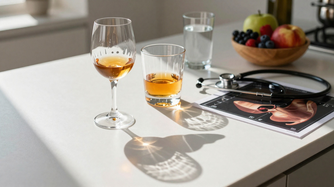 Copos com bebida, estetoscópio, imagem anatómica do coração e taça de fruta numa mesa iluminada por luz natural.