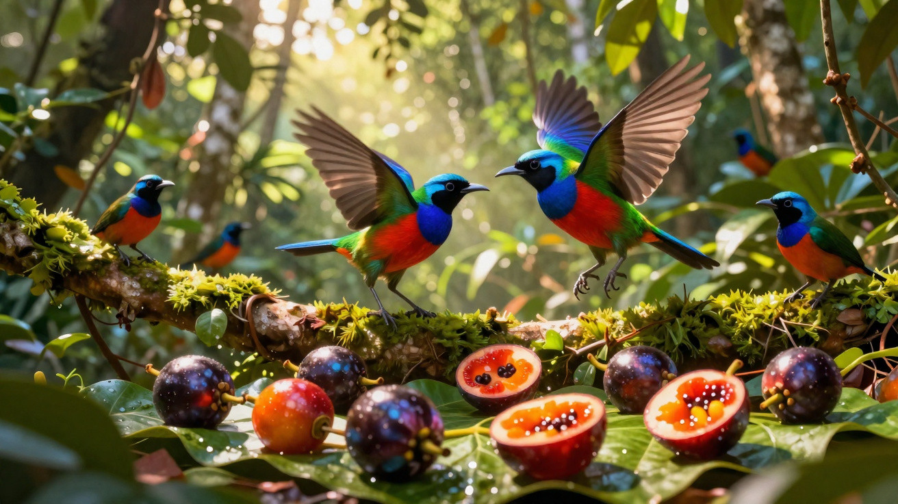 Pássaros coloridos sobre ramo com frutos tropicais cortados num ambiente florestal iluminado pelo sol.