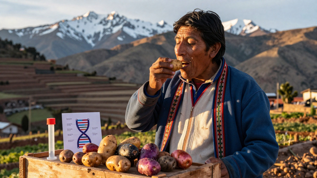 Homem com casaco azul a comer batata à frente de uma caixa com variedades de batatas, com montanhas ao fundo.