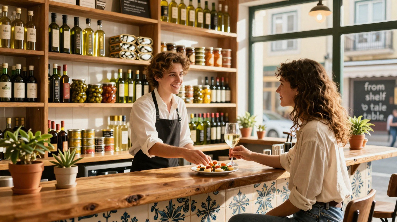 Pessoa a atender cliente num bar com garrafas e plantas, a oferecer petiscos e bebida branca.