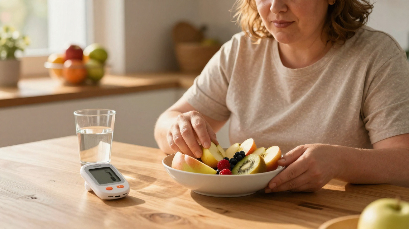 Mulher sentada à mesa a comer frutas fatiadas, com medidor de glicose e copo de água ao lado.