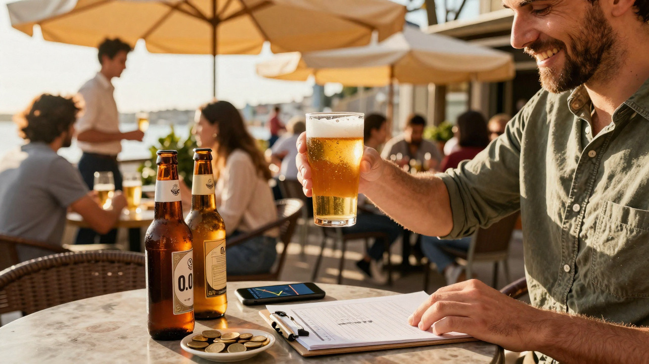 Homem sorridente a segurar um copo de cerveja num café ao ar livre com outras pessoas ao fundo.