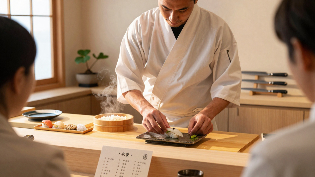 Chef a preparar sushi à frente de dois clientes num restaurante tradicional japonês.
