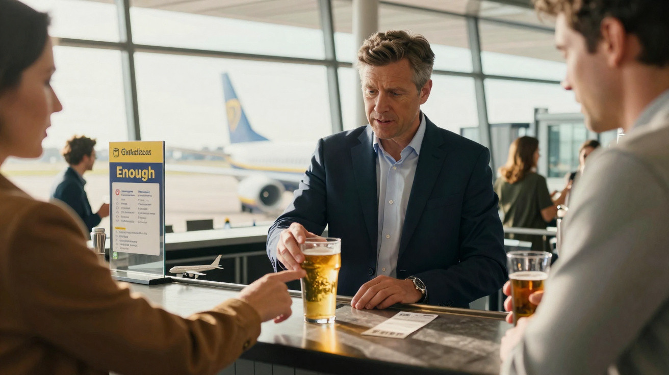 Homem de fato a beber cerveja num bar de aeroporto com avião e passageiros ao fundo.