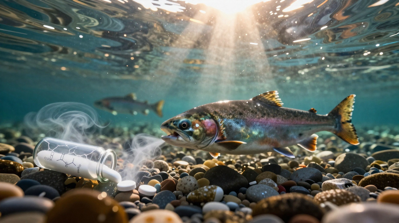 Peixe nadando perto de comprimidos e um frasco com vapor em fundo de rio pedregoso iluminado pelo sol.