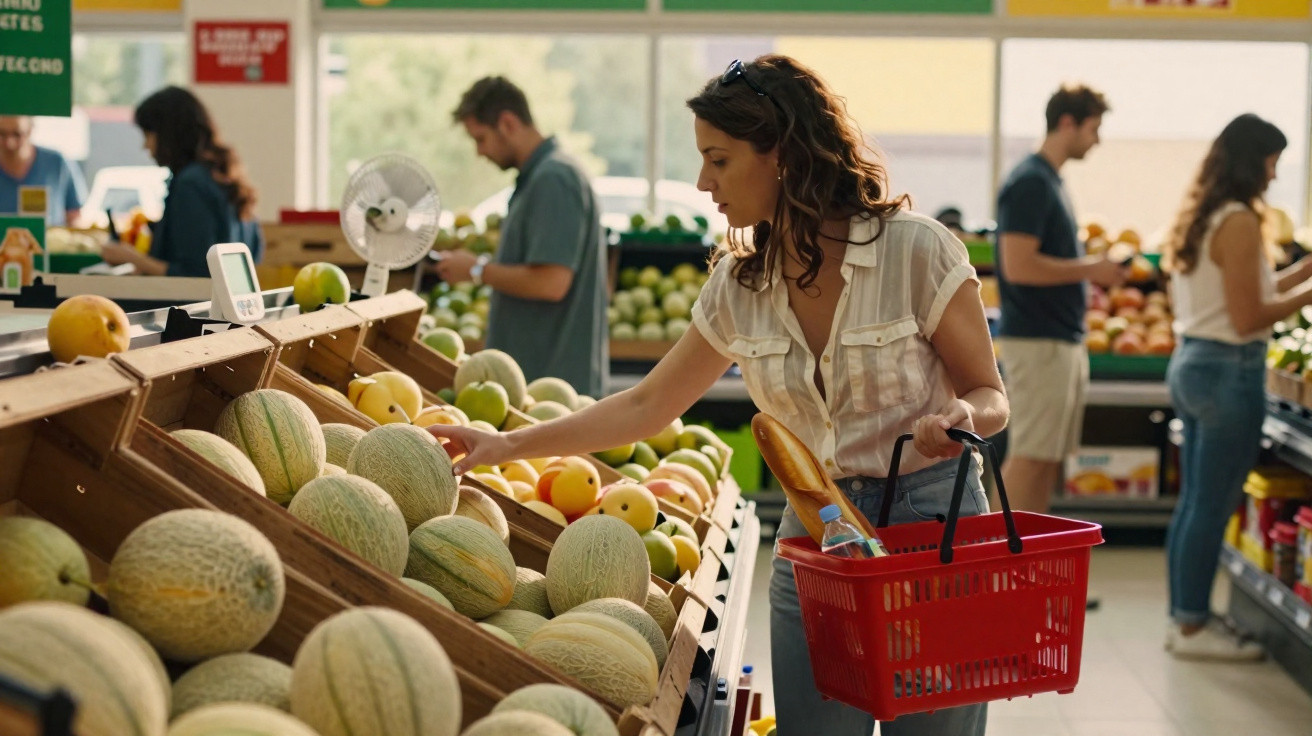 Mulher com cesta vermelha escolhe melão em banca de frutas num supermercado com outras pessoas ao fundo.