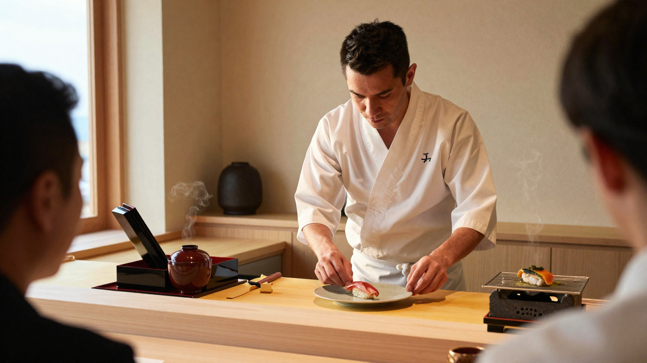 Chef a preparar sushi à frente de dois clientes num restaurante japonês tradicional.