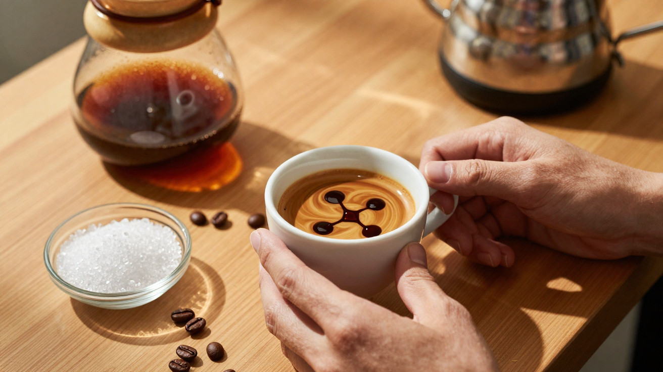 Mãos seguram chávena de café com pintura de molécula, ao lado de açúcar, grãos de café e recipiente com café.