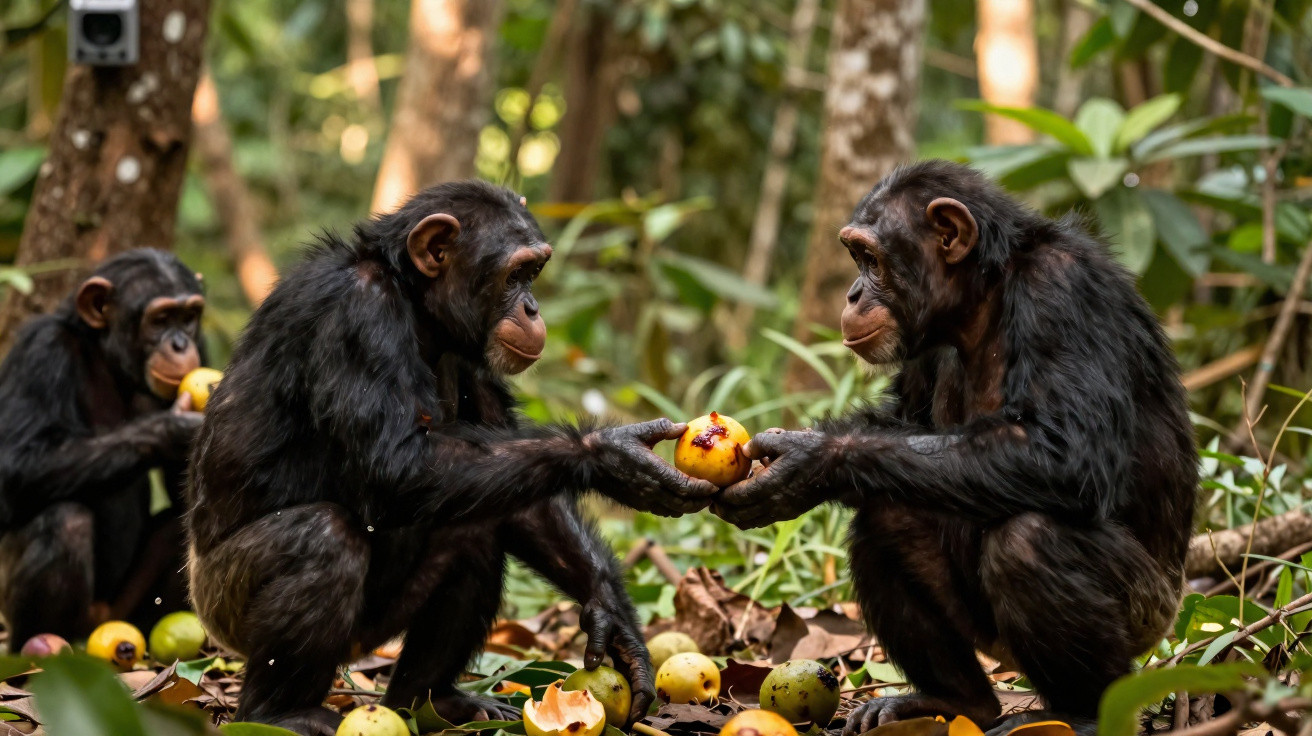 Três chimpanzés na floresta, dois trocando uma fruta amarela entre si.