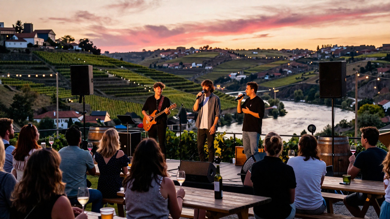 Concerto ao pôr do sol com público sentado em mesas e vinhas ao fundo junto a rio sereno.