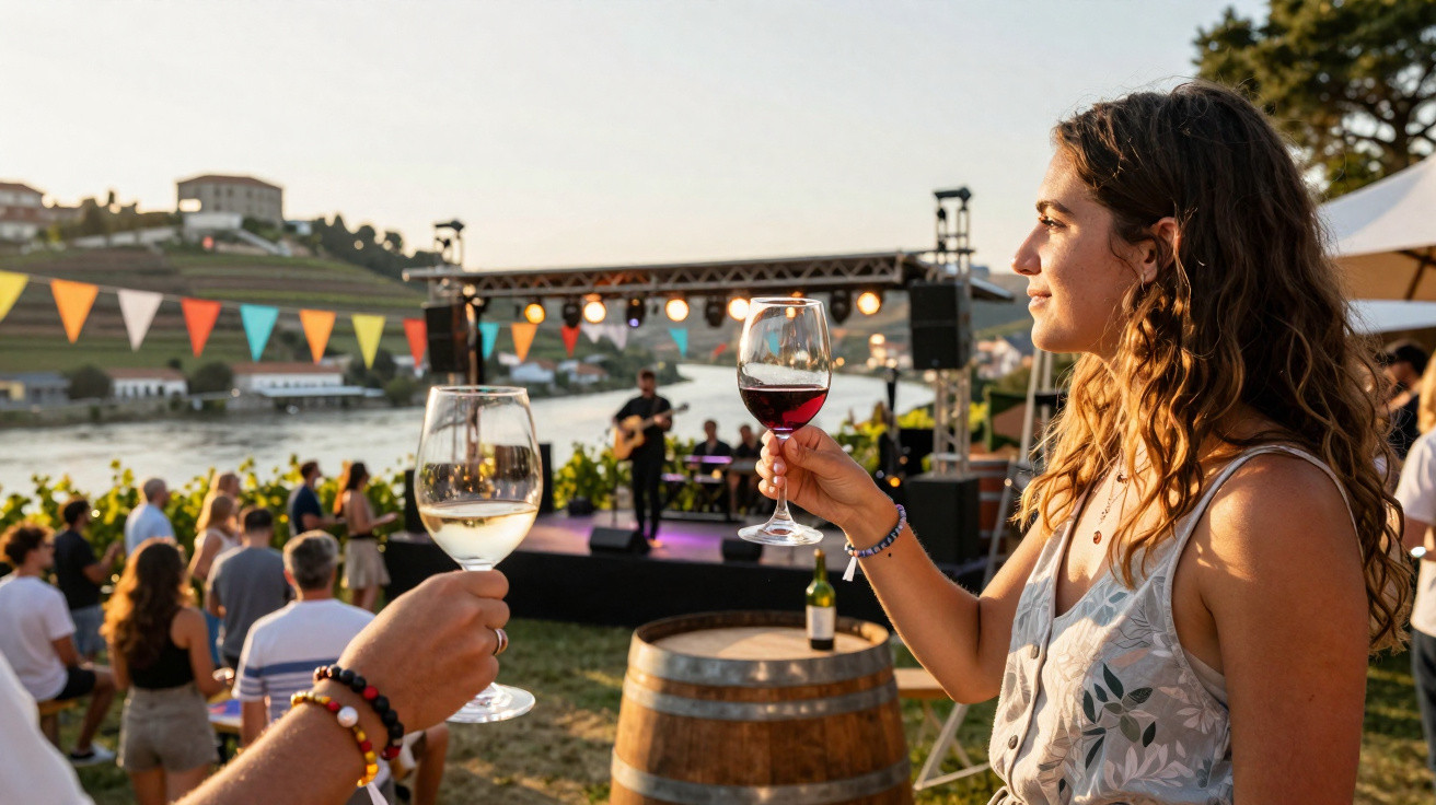 Mulher a brindar com copo de vinho num evento ao ar livre com público e músico num palco junto a vinhas.