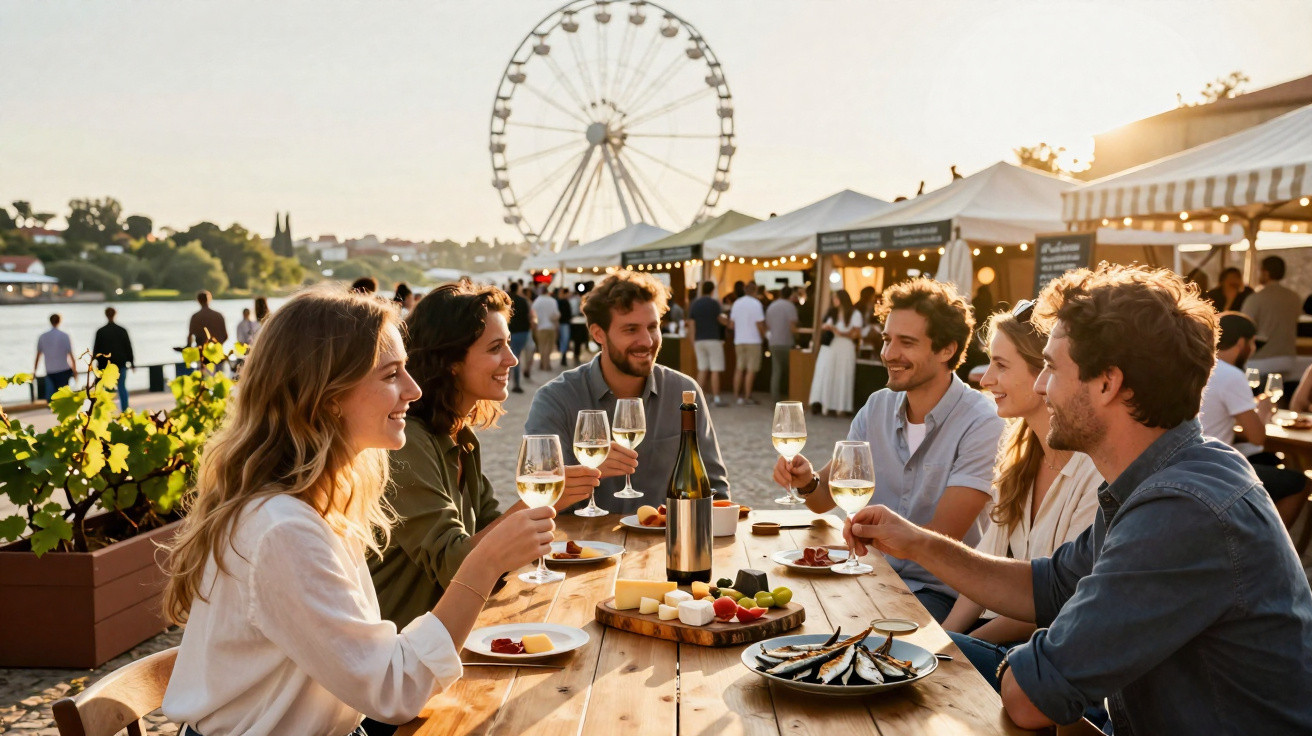 Grupo de amigos a celebrar com vinho numa mesa ao ar livre junto a uma roda gigante ao pôr do sol.