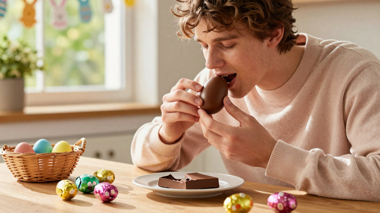 Jovem a morder um ovo de chocolate numa mesa com ovos de Páscoa coloridos e um cesto.