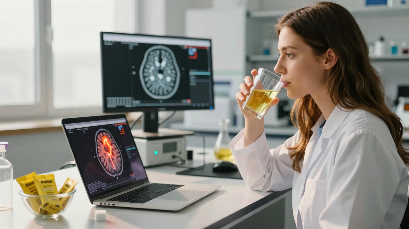 Mulher com bata branca bebe líquido amarelo enquanto observa imagens cerebrais no laptop em laboratório.
