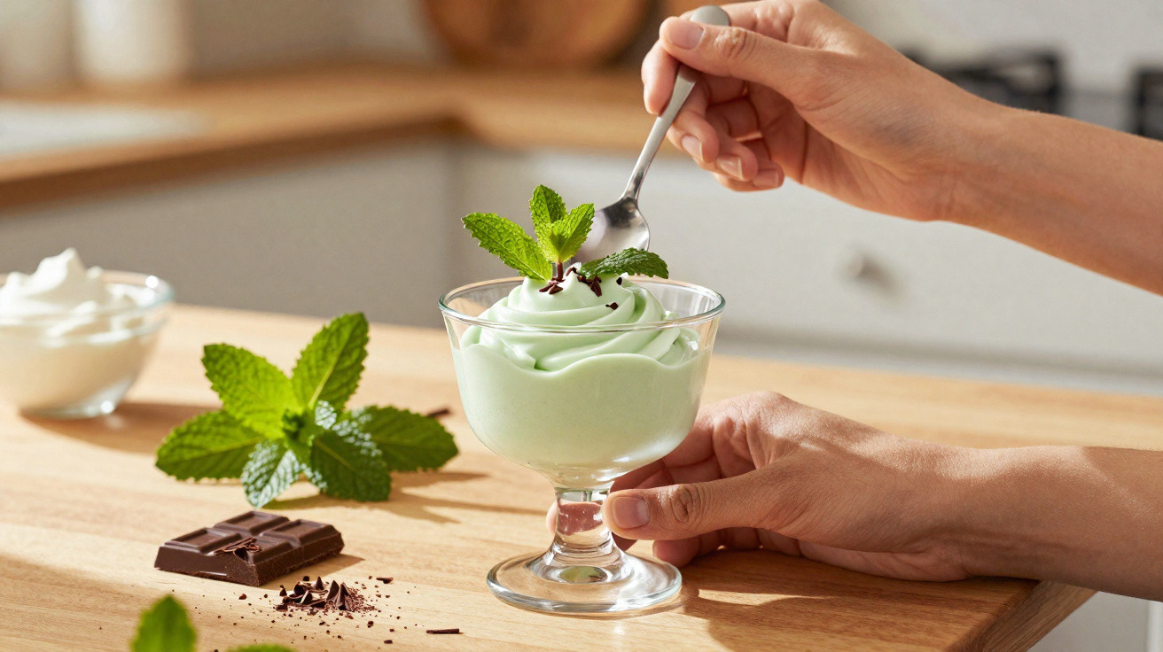 Sobremesa cremosa verde com hortelã e raspas de chocolate em taça, mãos seguram a taça e uma colher.