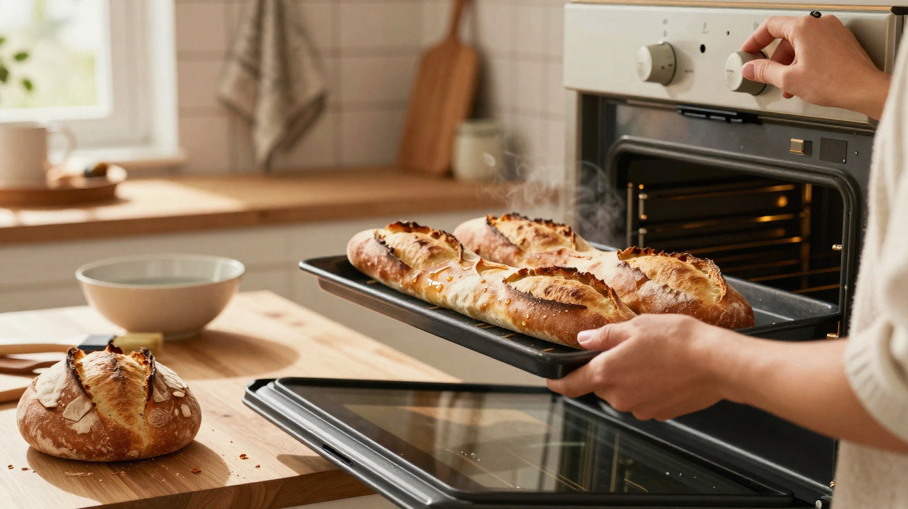 Pessoa a retirar assadeira com pães frescos e quentes do forno numa cozinha iluminada e organizada.