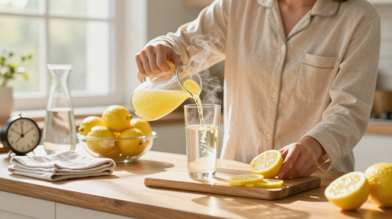 Pessoa a servir chá de limão quente numa cozinha iluminada, com limões e relógio na bancada.