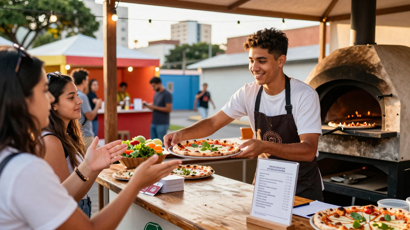 Homem serve pizza fresca a duas mulheres numa pizzaria ao ar livre com forno a lenha visível ao fundo.