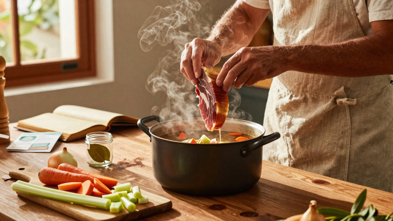 Pessoa a cozinhar ensopado com legumes e pedaço de carne numa panela preta numa cozinha iluminada.