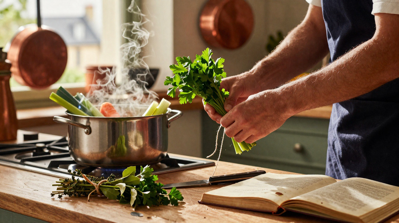 Pessoa a preparar ervas frescas junto a um tacho com legumes a cozinhar numa cozinha rústica.