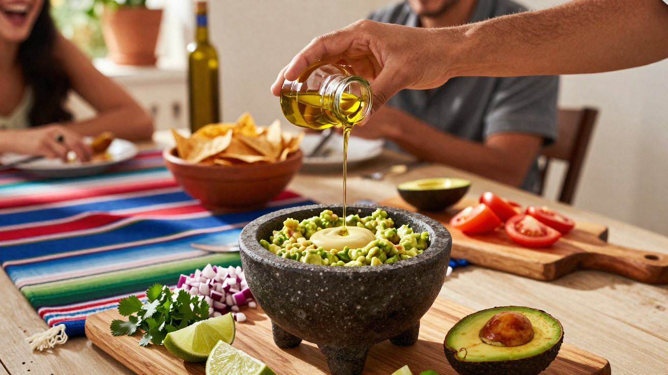 Mão a verter azeite num prato com guacamole caseiro, limão, tomate e nachos numa mesa com pessoas ao fundo.