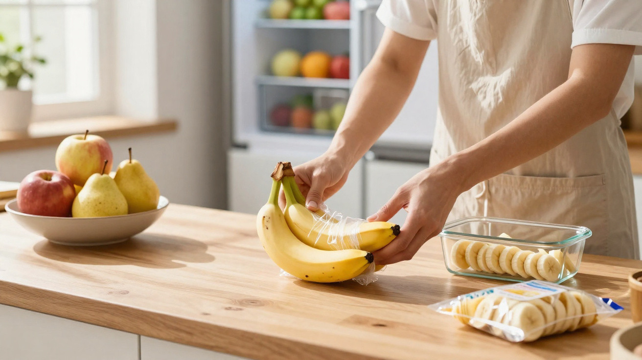 Pessoa a embalar bananas numa cozinha com frutas frescas numa tigela e frigorífico ao fundo.