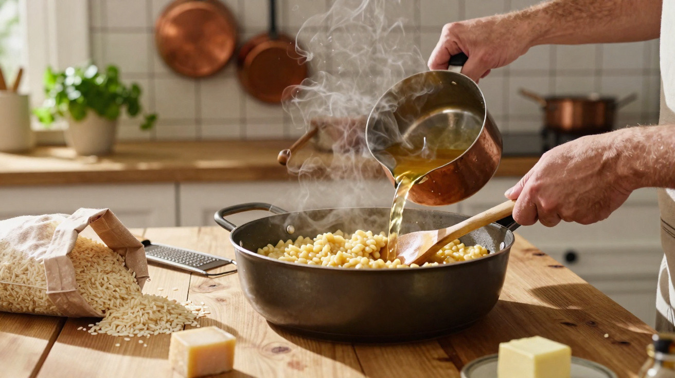 Pessoa a verter caldo quente em panela com massa, em cozinha rústica com bancada de madeira.