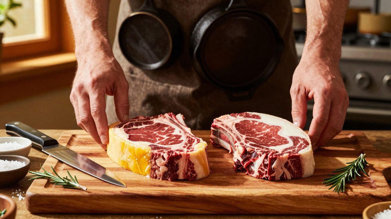 Mãos masculinas seguram dois bifes crus em tábua de madeira com faca, alecrim e sal em cozinha acolhedora.