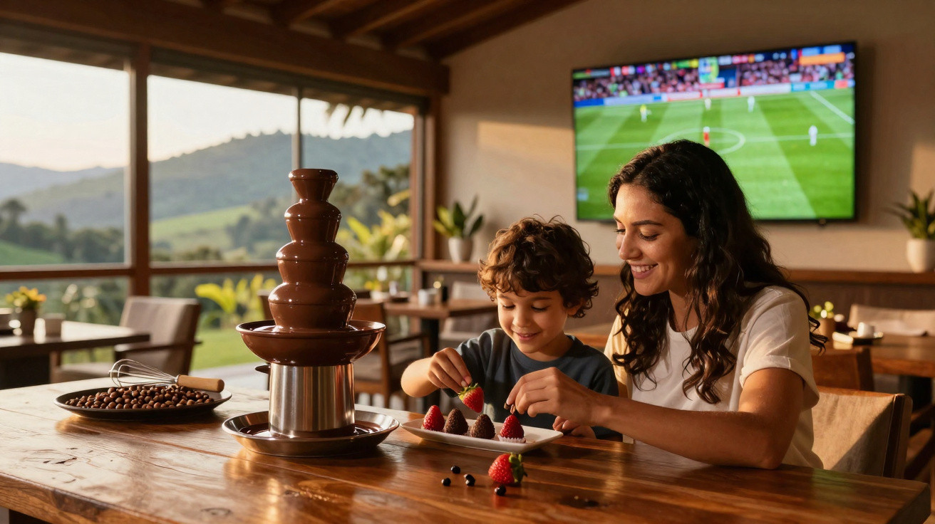 Mulher e criança a mergulhar morangos em fonte de chocolate numa mesa de madeira com paisagem campestre ao fundo.
