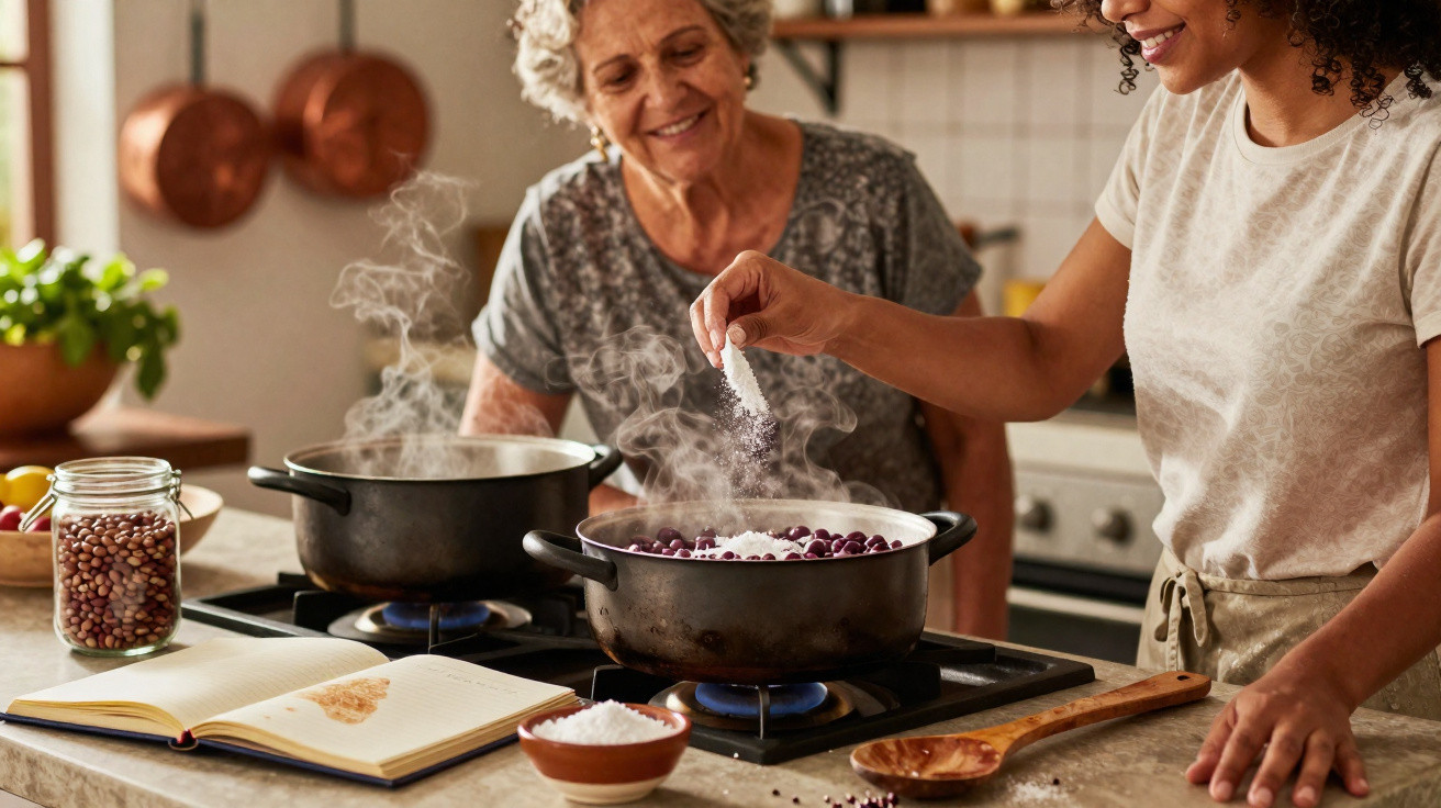 Mulher jovem e idosa a cozinhar feijão numa cozinha com tachos a ferver e especiarias.