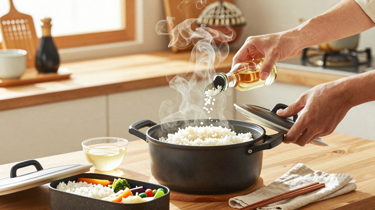 Mãos a temperar arroz fumegante numa panela preta numa cozinha com luz natural.