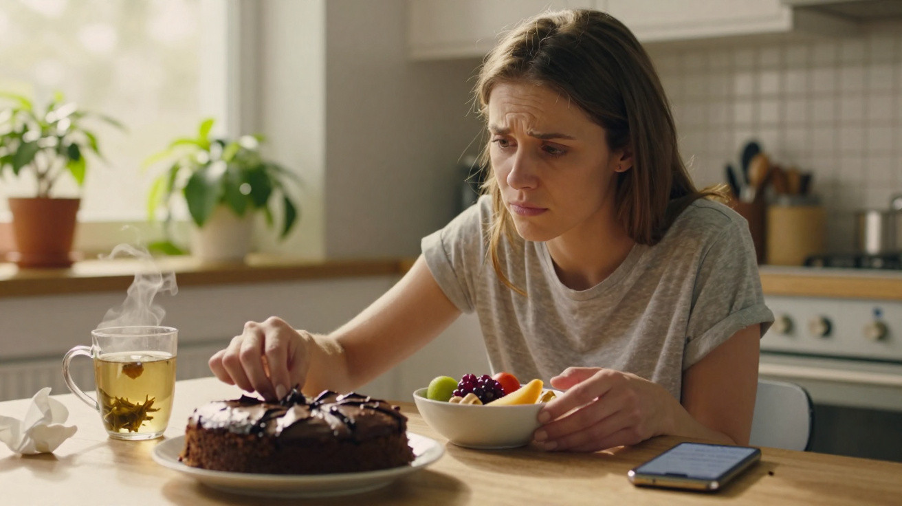 Mulher preocupada escolhe entre bolo de chocolate e taça de fruta na cozinha iluminada.