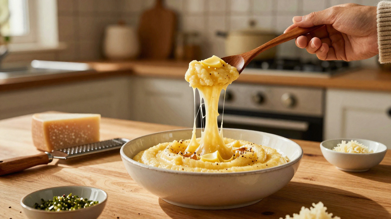 Mãos a levantar colher de puré de batata cremoso com queijo derretido numa tigela na cozinha.